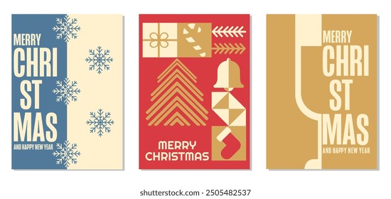 Conjunto de Navidades felices y feliz año Nuevo 2024 Plantillas de tarjeta. Abstractas estilo plano geométrico moderno. Conjunto de póster de invierno. Decoración de invierno de Navidad. Diseño de Navidades. Felices fiestas. Ilustración vectorial.