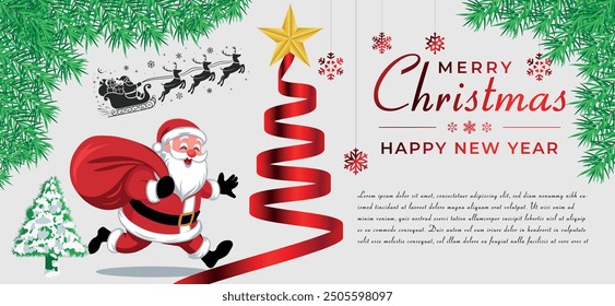 Merry Christmas and Happy New Year Greeting Card with Serpentine Ribbon, 3D Star, Sleigh, Snowflake, Santa Claus, and Pine Tree. Background Banner Template