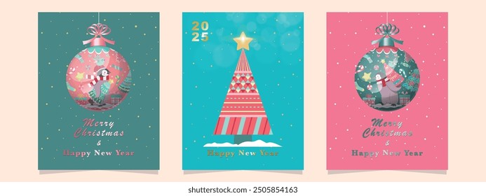 Merry Christmas and Happy New Year greeting card template set with Christmas trees and Christmas ball. Modern Trendy Christmas Cards. Vector Design template. They are perfect for poster and banner.