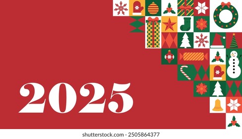 Merry Christmas and Happy New Year modern geometric banner template. Abstract 2025 holiday poster. Festive party invitation, minimalist event celebration greeting card in Bauhaus style. Vector