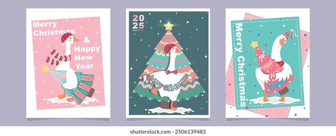 Merry Christmas and Happy New Year greeting card template set with Christmas trees and cartoon goose. Modern Trendy Christmas Cards. Vector Design template. They are perfect for poster and banner.