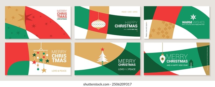 Merry Christmas and Happy New Year banners. Trendy modern Xmas geometric design with winter landscape forest in green, red, white colors. Horizontal poster, greeting card, header for website