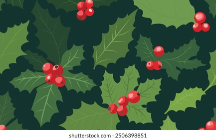 Merry Christmas, Happy New Year seamless pattern with holly leaves and berries on green background, vector illustration template, new year pattern, season greeting, wrapping papers, winter pattern