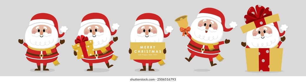 Merry Christmas and happy new year greeting card with cute Santa Claus collection. Holiday cartoon characters set. -Vector