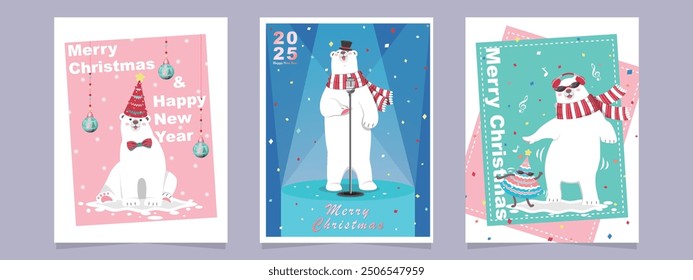 Navidades felices y feliz año Nuevo Plantilla de tarjeta de felicitación con árbol de Navidad y oso polar de dibujos animados. Tarjetas de Navidad de moda moderna. Plantilla de Diseño de Vector. Son perfectos para póster y Anuncio.