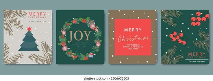 Frohe Weihnachten und Frohes Neues Jahr Grußkarte, Plakate, Festtagsbezüge mit Festtagskränzen, Kiefernzweigen, roten Beeren und festlicher Typografie. Vorlage für Werbung, Web, Social Media