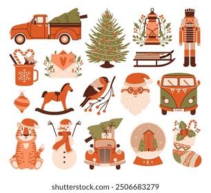 Merry Christmas. Happy New Year. Big collection of cosy cliparts. Pickup truck with fir tree, nutcracker, santa, snow globe, tiger, bullfinch, rocking horse, bus, vintage car, snowman, holly berries.