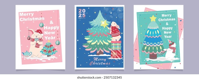 Merry Christmas and Happy New Year greeting card template set with Christmas tree and cartoon bunny. Modern Trendy Christmas Cards. Vector Design template. They are perfect for poster and banner.