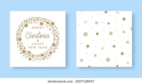 Merry Christmas and Happy New Year greeting card with golden snowflakes and stars. Vector illustration.