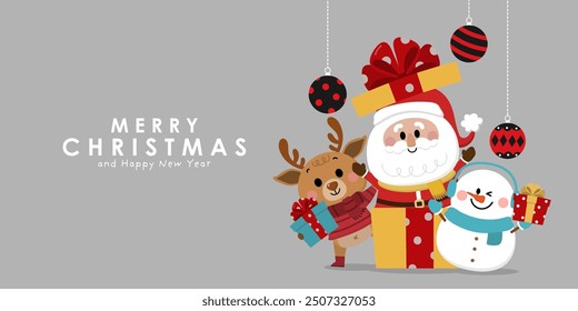 Merry Christmas and happy new year with Santa Claus, snowman and deer. Holiday cartoon character in winter season. -Vector