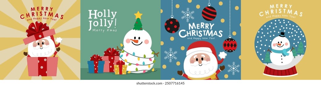 Merry Christmas and happy new year with Santa Claus and snowman. Holiday cartoon character in winter season. -Vector