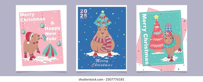 Merry Christmas and Happy New Year greeting card template set with Christmas tree and cartoon capybara. Modern Trendy Christmas Cards. Vector Design template. They are perfect for poster and banner.