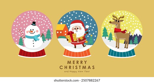 Felices Navidades y feliz año nuevo con Papá Noel, muñeco de nieve y ciervos en bola de Navidad. Personaje de dibujos animados de Festiva en la temporada invernal. -Vector