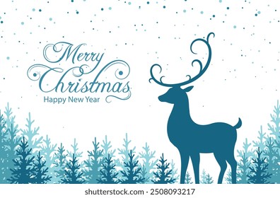 Merry Christmas and Happy New Year. Winter background with reindeer. Silhouette of deer against the background of fir forest. Design for holiday poster, banner, invitation, congratulations, greeting c