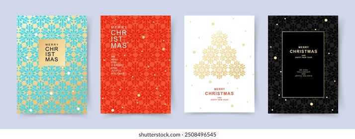 Conjunto de tarjetas de felicitación de feliz Navidad y feliz año Nuevo. Fondos de Navidad con hermoso patrón de copos de nieve. Plantillas de Vector de Festiva para el Anuncio, invitación, cartel, publicidad, redes sociales