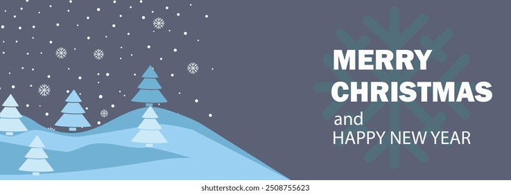 Merry Christmas and Happy New Year horizontal banner with snowy landscape, trees and falling snowflakes on a dark background. Festive holiday design for season banner, poster, cover, ads, social media