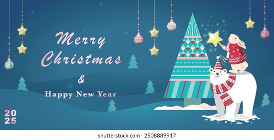 Merry Christmas and Happy New Year greeting card template set with Christmas tree, baby bunny and cartoon polar bear. Modern Trendy Christmas Cards. Vector Design template.