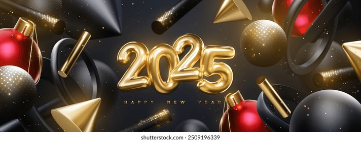 Merry Christmas and Happy New Year. Golden 2025 numbers with Christmas ball, flowing black, red and gold geometric 3d shapes. Vector holiday illustration. Winter festive poster or banner design