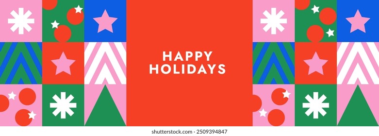 Merry Christmas and Happy New Year greeting web banner or header, holiday cover, poster. Modern Xmas design in geometric style in green, red, pink, blue colors for ads, sales, print, season greetings