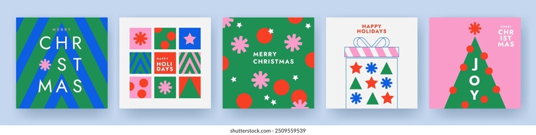 Feliz Natal e Feliz Ano Novo Conjunto de cartão de saudação, cartaz, capa de feriado. Design moderno Xmas em estilo geométrico simples nas cores verde, vermelho, rosa e azul para anúncios, vendas, impressão, saudações da estação