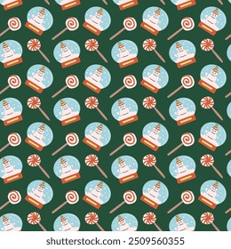 Merry Christmas and Happy New Year endless background. Childrens xmas pattern with cute festive elements for wrapping paper, christmas paper, wallpaper, cover design, textile.