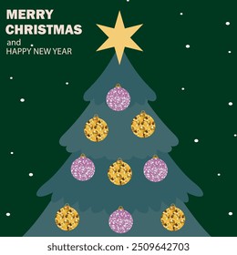 Merry Christmas and Happy New Year greeting card with Christmas tree, colorful glowing decorations and a star on a dark green background. Trendy template for season banner, poster, cover