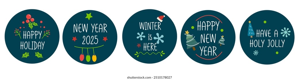 Merry Christmas, Happy new year winter season vector badge collection. Merry Christmas vector label with Christmas symbol collection greeting set on dark blue ellipse 