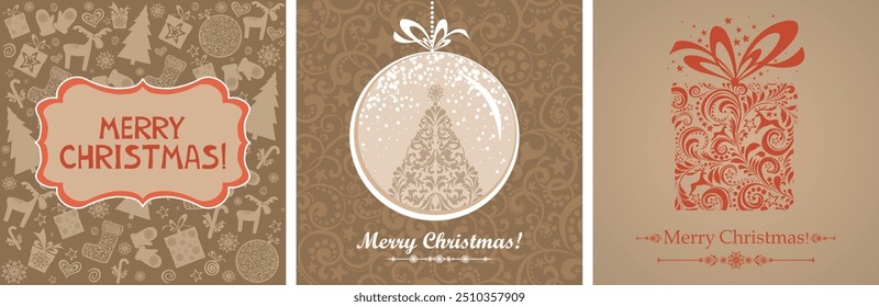 Merry Christmas and Happy New Year Set of greeting cards, posters, holiday covers. Xmas templates with calligraphy and season wishes in modern vector minimalist style for web, social media, print