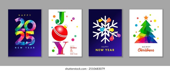 Merry Christmas and Happy New Year 2025 creative greeting cards set. Colored facet numbers 2025 for vector Christmas sale design or xmas posters