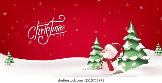 Merry Christmas and happy new year greeting card with copy-space and Cute snowman standing in winter Christmas landscape snow falling