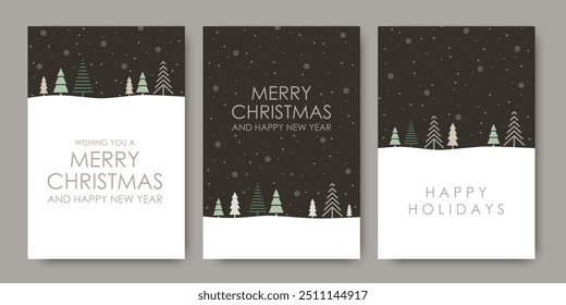 Merry Christmas and Happy New Year! Set of winter cards, Christmas trees and snow on dark background, winter vector illustration.