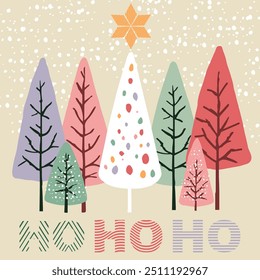 Merry Christmas and Happy New Year square greeting card, modern design typography invite posters, template, Layout  for social networks. Ho Ho Ho Christmas tree greeting flat design