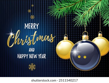 Merry Christmas and Happy New Year. Sports greeting card. Squash ball as a Christmas ball. Vector illustration.