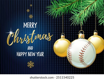 Merry Christmas and Happy New Year. Sports greeting card. Baseball ball as a Christmas ball. Vector illustration.