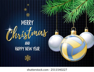 Joyeux Noël et Bonne Nouvelle Année. Carte de voeux de sport. Beach Volleyball comme une balle de Noël. Illustration vectorielle.