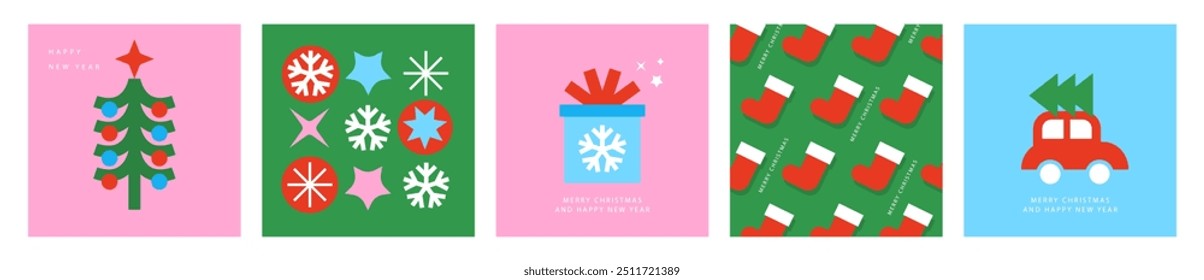 Feliz Navidades y Feliz Año Nuevo Conjunto de tarjetas de felicitación, cubiertas de vacaciones, carteles. Ilustraciones en estilo plano simple. Diseño moderno de la tarjeta de la Navidad con el árbol de navidad, copos de nieve, caja de regalo, Navidades