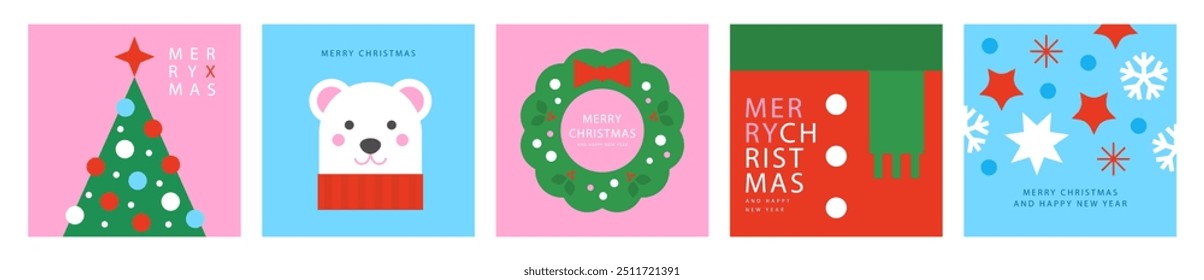 Feliz Navidades y Feliz Año Nuevo Conjunto de tarjetas de felicitación, cubiertas de vacaciones, carteles. Ilustraciones en estilo plano simple. Diseño moderno de la tarjeta de Navidad con el árbol de navidad, oso de peluche, corona de Navidades, Santa