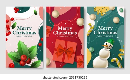 Merry Christmas and Happy New Year vector set poster design. Christmas holiday cards collection. Vector illustration xmas season promotion
