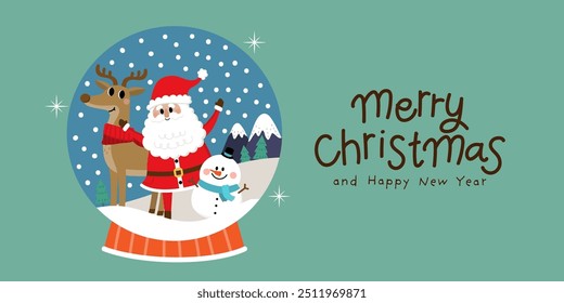 Merry Christmas and happy new year with Santa Claus, snowman and deer in xmas ball. Holiday cartoon character in winter season. -Vector