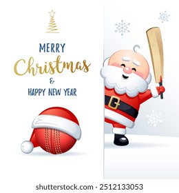 Merry Christmas and Happy New Year. Sports greeting card. Cute Santa Claus with Cricket ball and Cricket bat. Vector illustration.