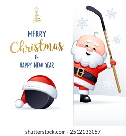 Felices Navidades y Feliz Año Nuevo. Tarjeta de felicitación de los deportes. Lindo Santa Claus con palo de hockey sobre hielo y disco de hockey. Ilustración vectorial.