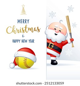 Merry Christmas and Happy New Year. Sports greeting card. Cute Santa Claus with Softball ball and bat. Vector illustration.