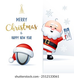 Merry Christmas and Happy New Year. Sports greeting card. Cute Santa Claus with Rugby ball and Ticket. Vector illustration.