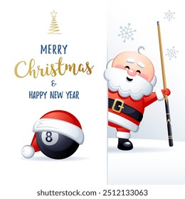 Feliz Natal e Feliz Ano Novo. Cartão comemorativo esportivo. Papai Noel bonito com bola de bilhar e deixa. Ilustração vetorial.