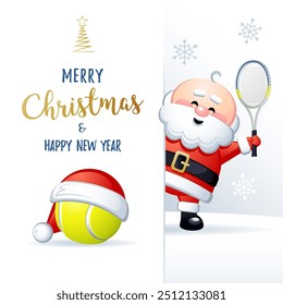 Merry Christmas and Happy New Year. Sports greeting card. Cute Santa Claus with Tennis ball and Tennis Racquet. Vector illustration.