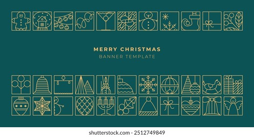 Merry Christmas Happy New Year greeting banner with gold line geometric icons. Luxury xmas design, poster template, background.