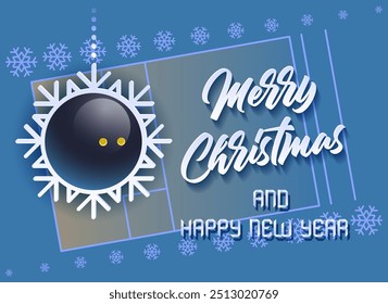 Merry Christmas and Happy New Year. Sports card with a Squash ball as a Snowflake and a Squash Court. Vector illustration.