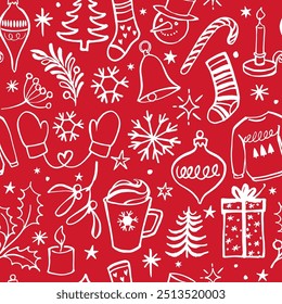 Merry Christmas Happy New Year seamless background pattern. Vector illustration doodles, line art sketch icons concept wallpaper