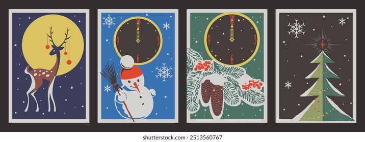 Merry Christmas and Happy New Year Retro Style Greeting Cards. XMAS Decorations, Spruce Branch, Fir Cones, Snowman, Reindeer, Wall Clock, Snowflakes. 1950s - 1960s Style Christmas Illustrations