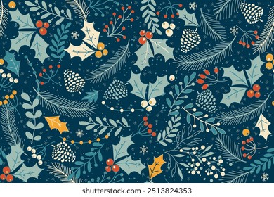 Merry Christmas, Happy New Year seamless pattern with fir cone, holly leaves and berries for greeting cards, wrapping papers. Seamless winter pattern. Vector illustration.